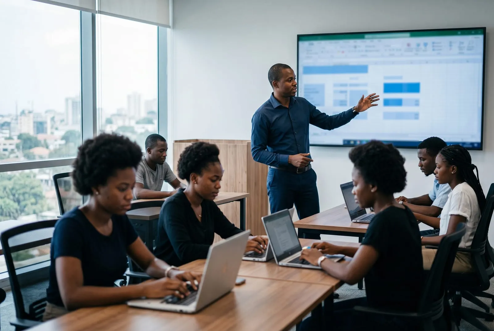 Sessão presencial de formação em tecnologias de escritório numa sala em Luanda